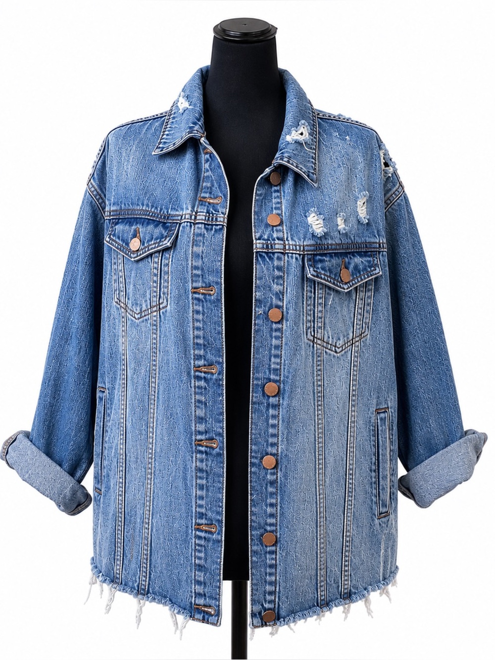 See Thru Soul Distressed Oversized Denim Jacket Frayed Hem Size M